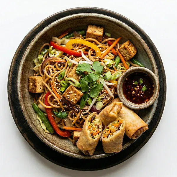 Vegetable Spring Rolls with Tofu Hakka Noodles